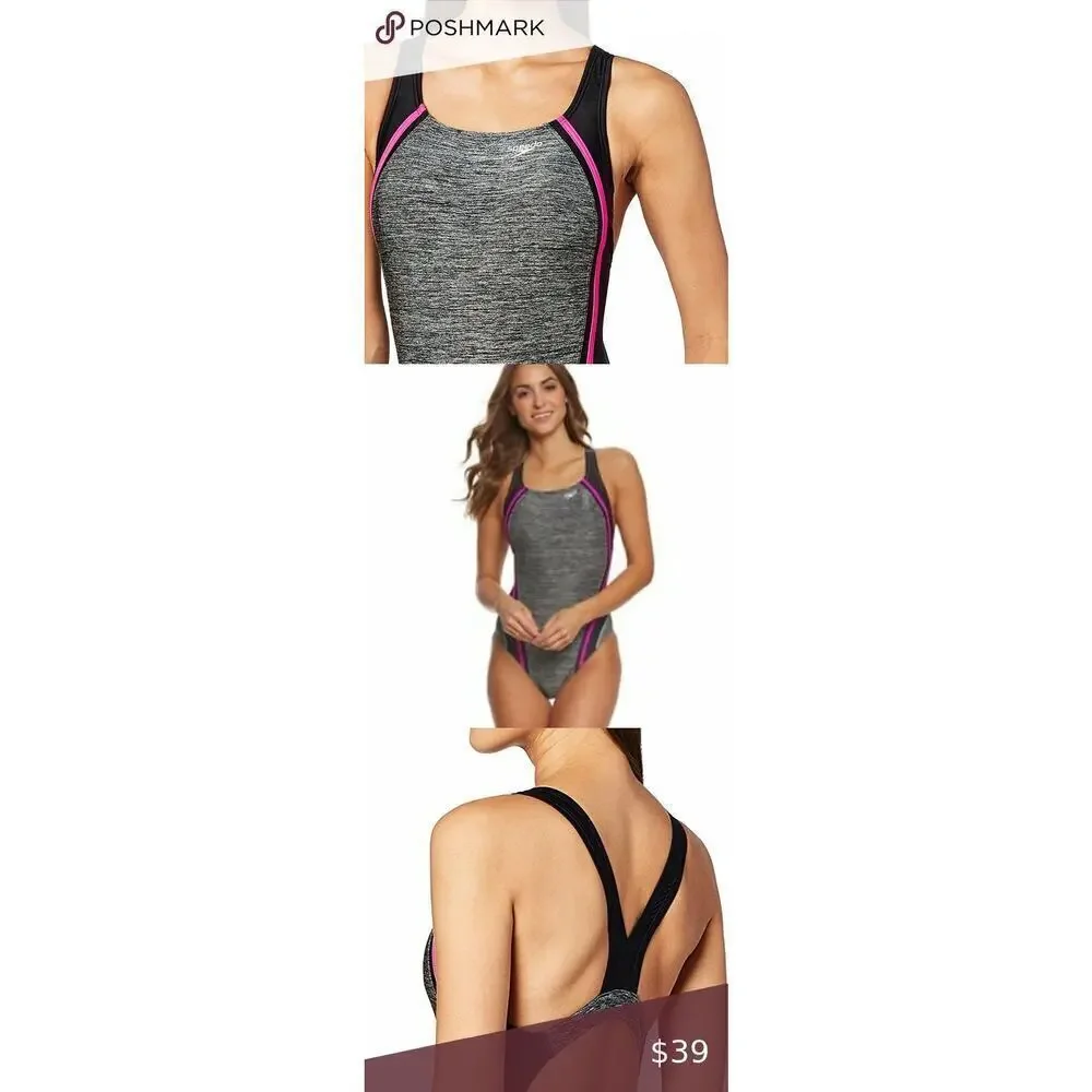 Speedo one piece endurance swimsuit size 6 gray pink racerback performance